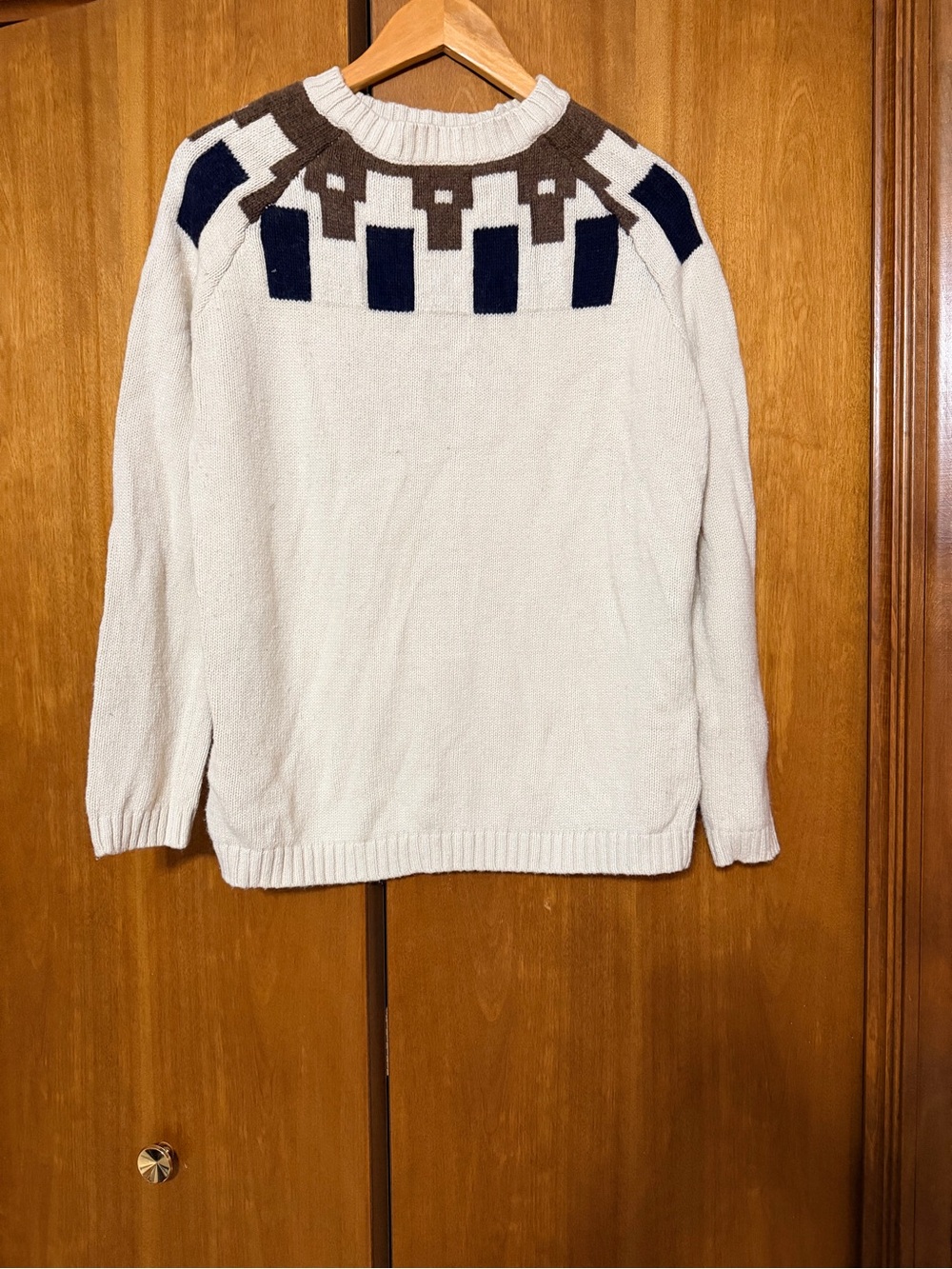 Mango Cream Crewneck Sweater with Navy & Brown Yoke